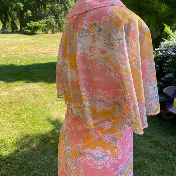 Vintage 1970s Psychedelic Pastel Maxi Dress w/ Capelet Overlay โ Groovy Boho - Picture 5 of 8